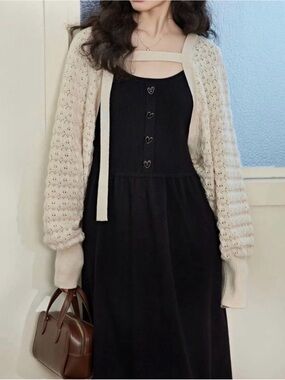 Cream Knit Cardigan with Heart Buttons from Kuose